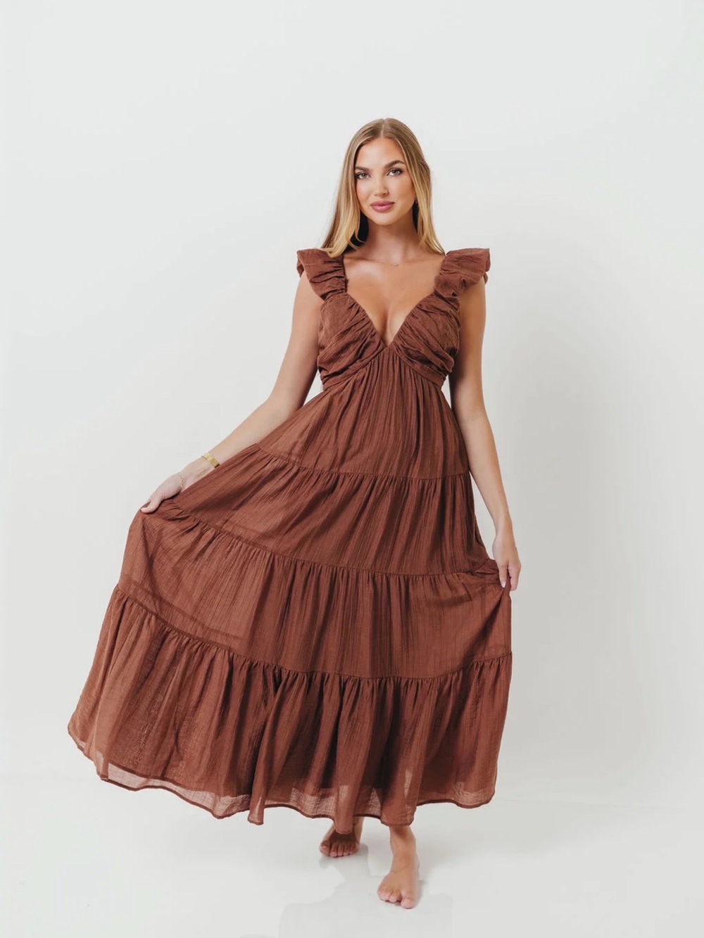 Ruffled V-Neck Tiered Midi Dress — Brown